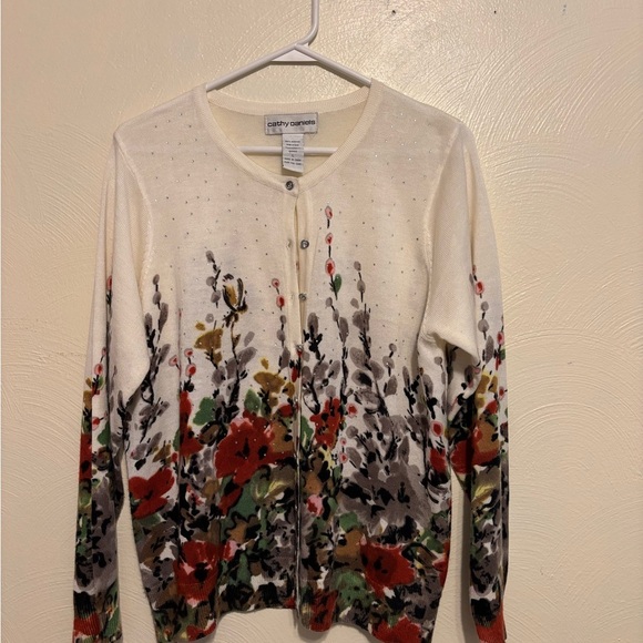 Cathy Daniels Cream and Red Floral Cardigan Sweater - Picture 1 of 7